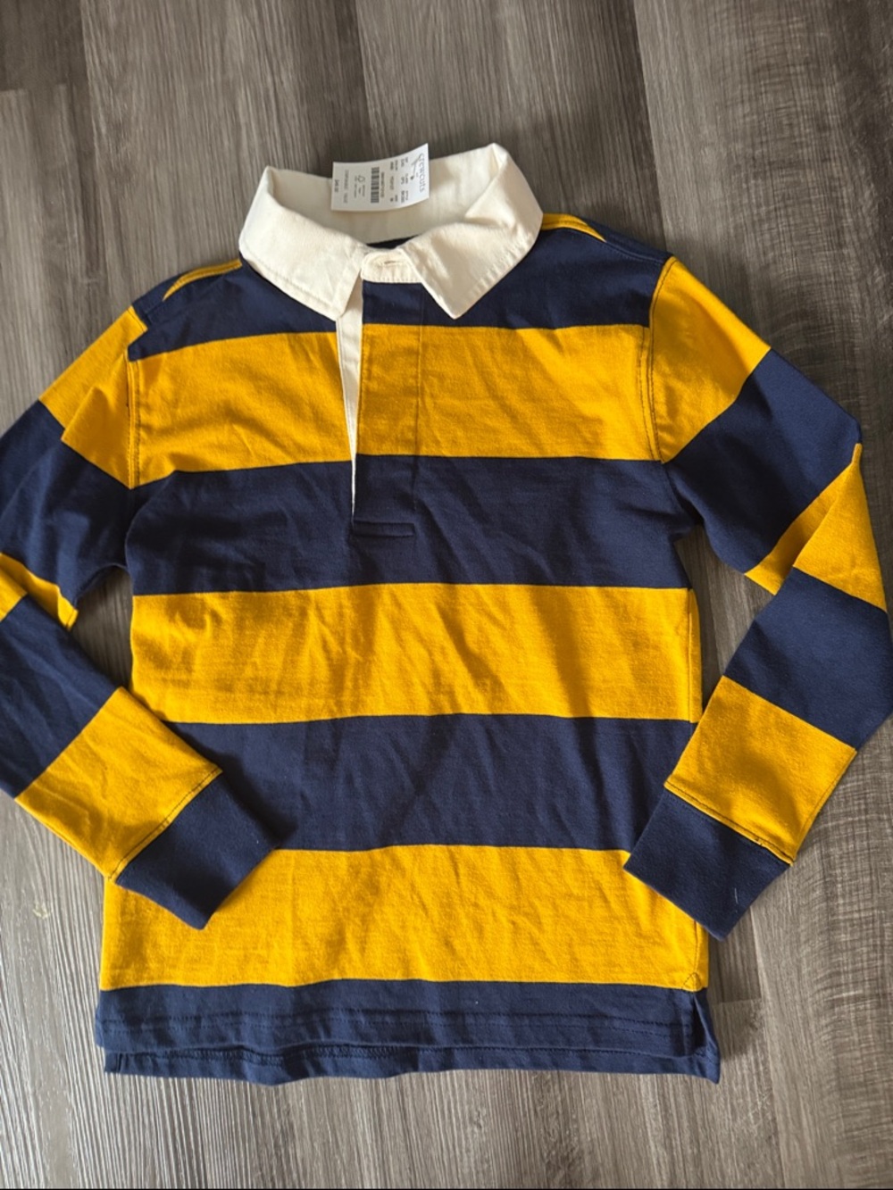 NEW Crewcuts 8-9 boys rugby shirt navy blue gold striped top $50 NWT J. Crew